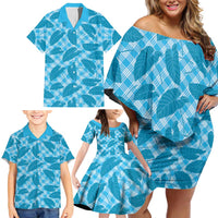 Blue Hawaii Kalo Palaka Motifs Family Matching Off Shoulder Short Dress and Hawaiian Shirt Hawaiian Taro Leaves Elegant Vibes - Polynesian Pride