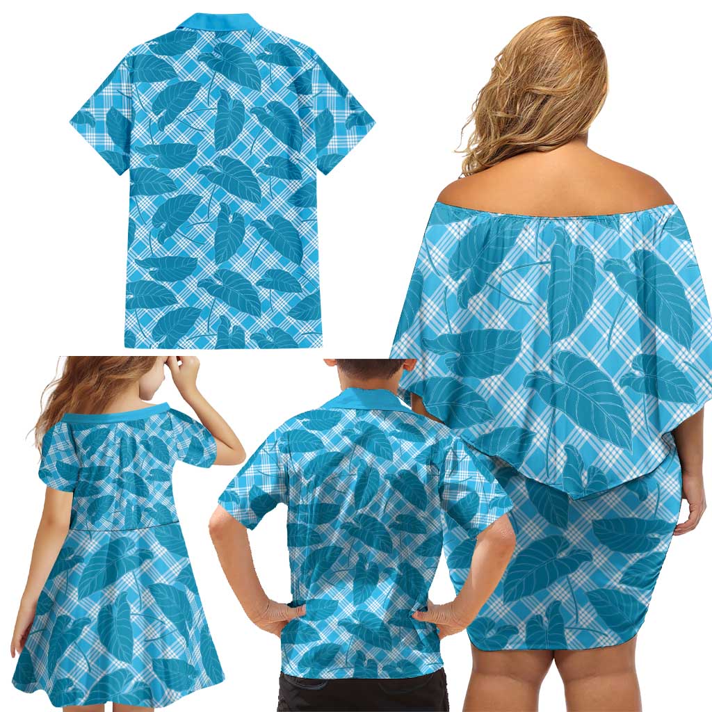 Blue Hawaii Kalo Palaka Motifs Family Matching Off Shoulder Short Dress and Hawaiian Shirt Hawaiian Taro Leaves Elegant Vibes - Polynesian Pride