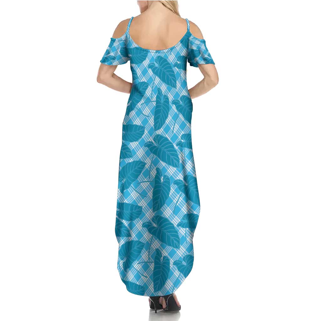 Blue Hawaii Kalo Palaka Motifs Family Matching Summer Maxi Dress and Hawaiian Shirt Hawaiian Taro Leaves Elegant Vibes - Polynesian Pride