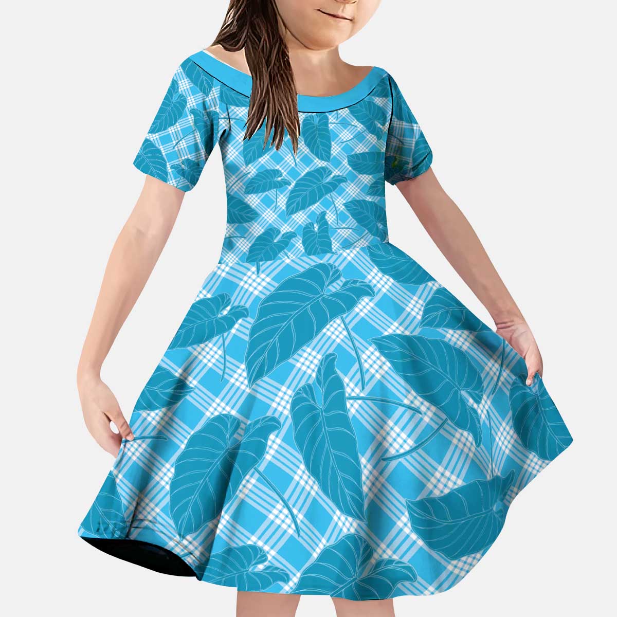 Blue Hawaii Kalo Palaka Motifs Kid Short Sleeve Dress Hawaiian Taro Leaves Elegant Vibes - Polynesian Pride