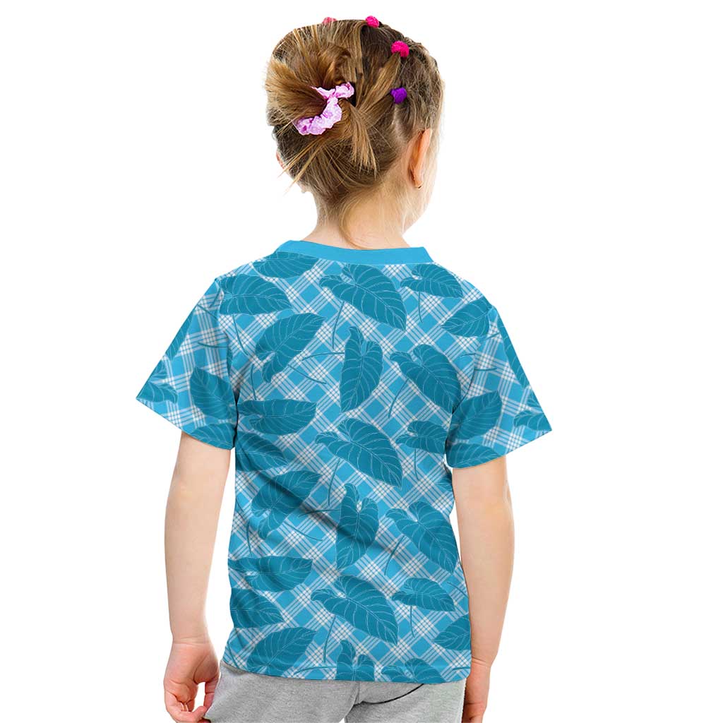 Blue Hawaii Kalo Palaka Motifs Kid T Shirt Hawaiian Taro Leaves Elegant Vibes - Polynesian Pride