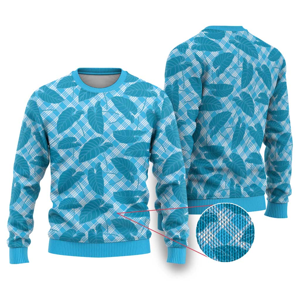Blue Hawaii Kalo Palaka Motifs Ugly Christmas Sweater Hawaiian Taro Leaves Elegant Vibes - Polynesian Pride
