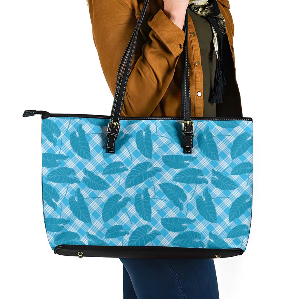 Blue Hawaii Kalo Palaka Motifs Leather Tote Bag Hawaiian Taro Leaves Elegant Vibes - Polynesian Pride