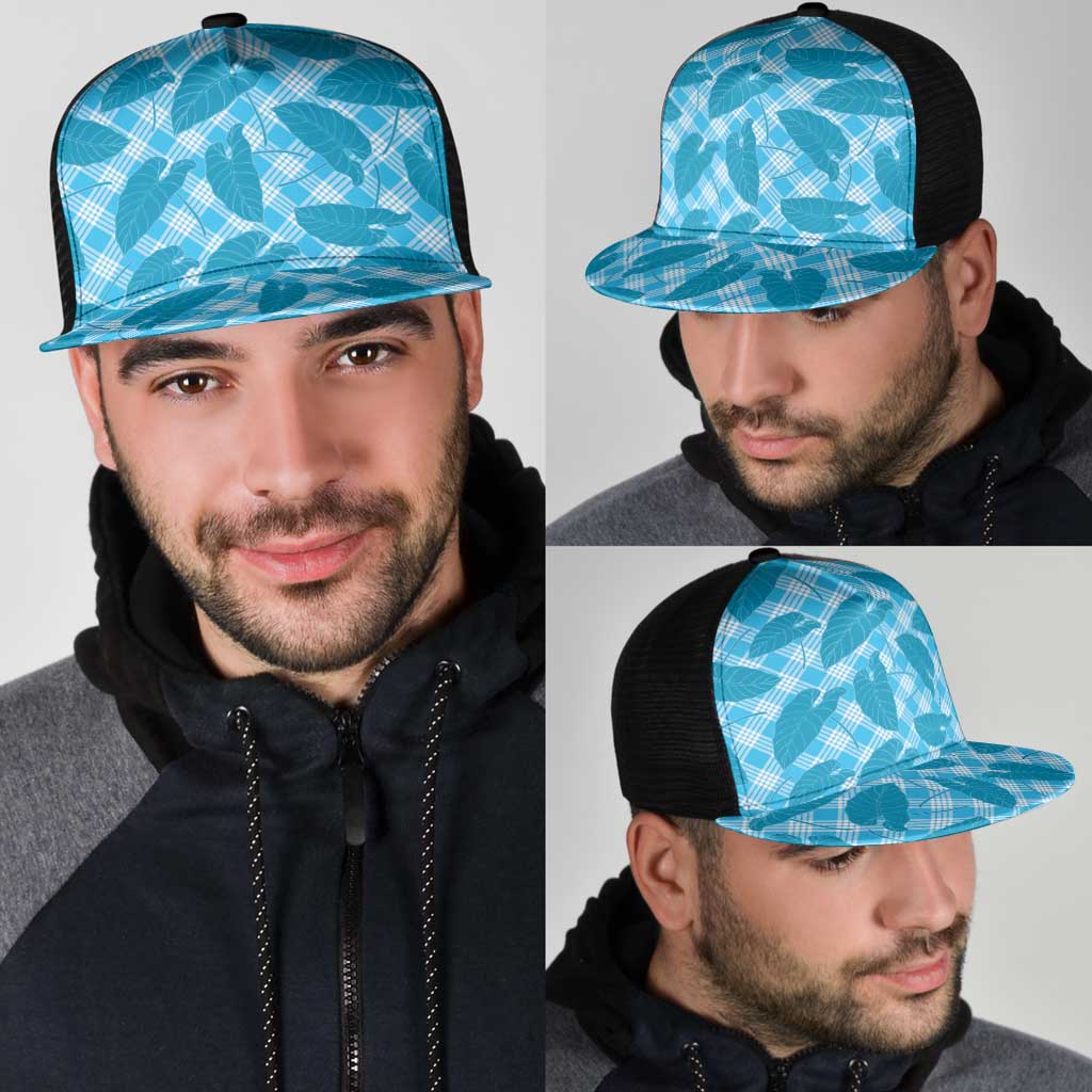 Blue Hawaii Kalo Palaka Motifs Mesh Trucker Cap Hawaiian Taro Leaves Elegant Vibes