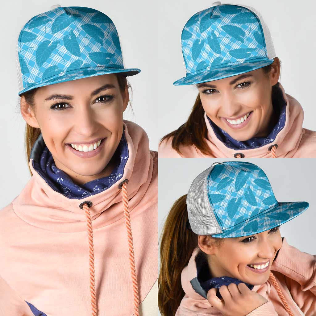 Blue Hawaii Kalo Palaka Motifs Mesh Trucker Cap Hawaiian Taro Leaves Elegant Vibes