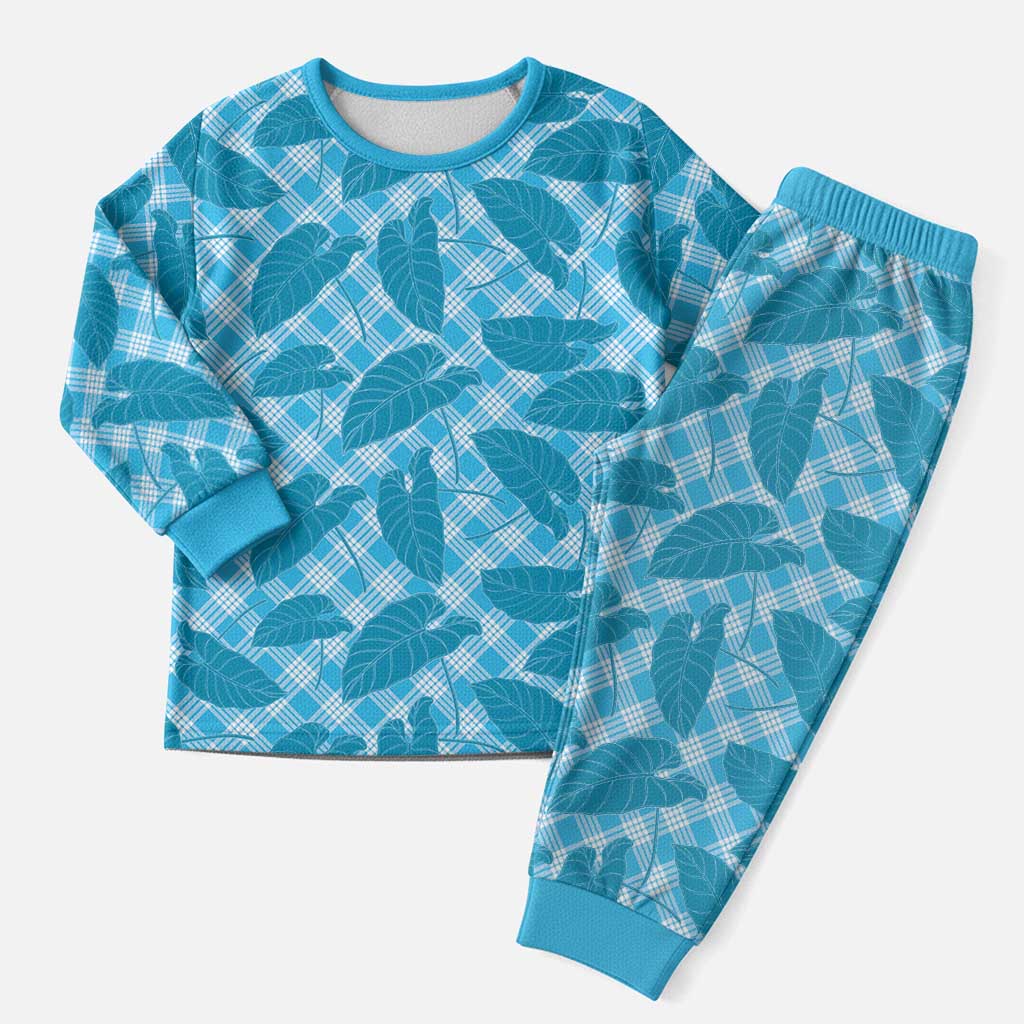 Blue Hawaii Kalo Palaka Motifs Christmas Pajama Set Hawaiian Taro Leaves Elegant Vibes - Polynesian Pride