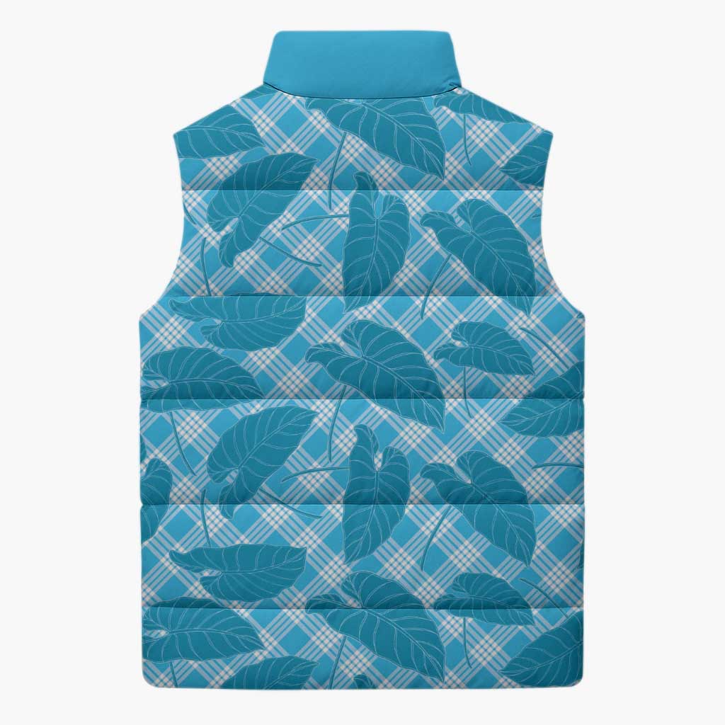 Blue Hawaii Kalo Palaka Motifs Sleeveless Puffer Jacket Hawaiian Taro Leaves Elegant Vibes LT14 - Polynesian Pride