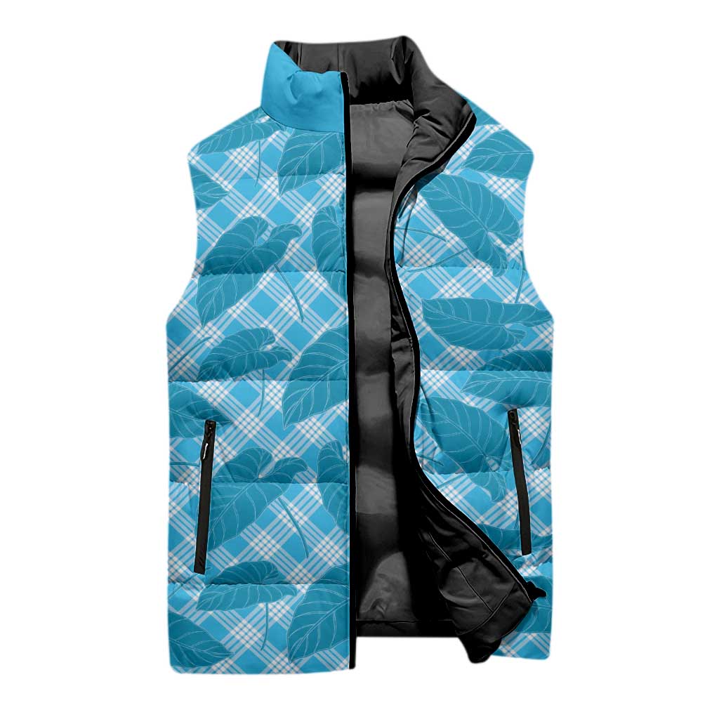 Blue Hawaii Kalo Palaka Motifs Sleeveless Puffer Jacket Hawaiian Taro Leaves Elegant Vibes LT14 - Polynesian Pride