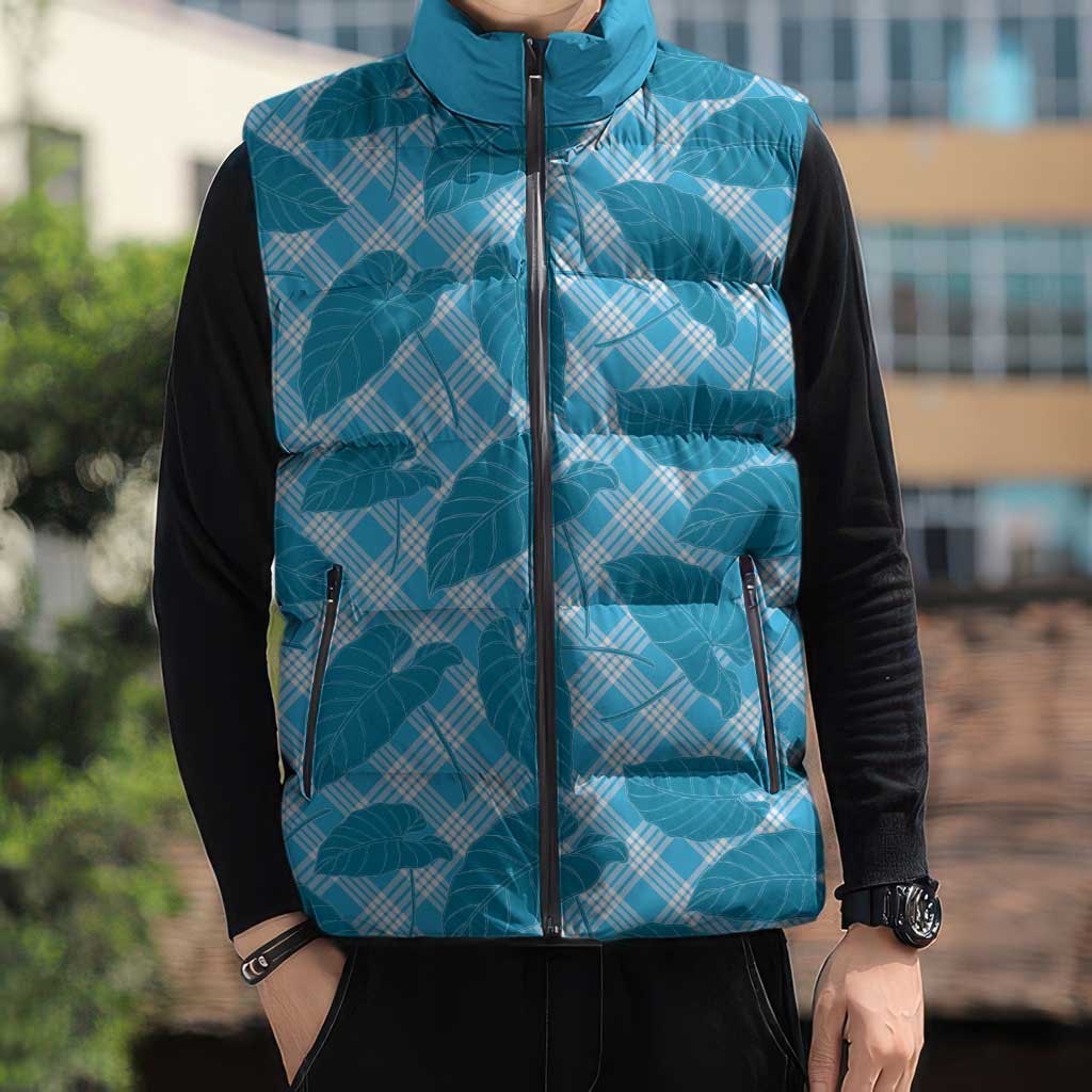 Blue Hawaii Kalo Palaka Motifs Sleeveless Puffer Jacket Hawaiian Taro Leaves Elegant Vibes LT14 - Polynesian Pride