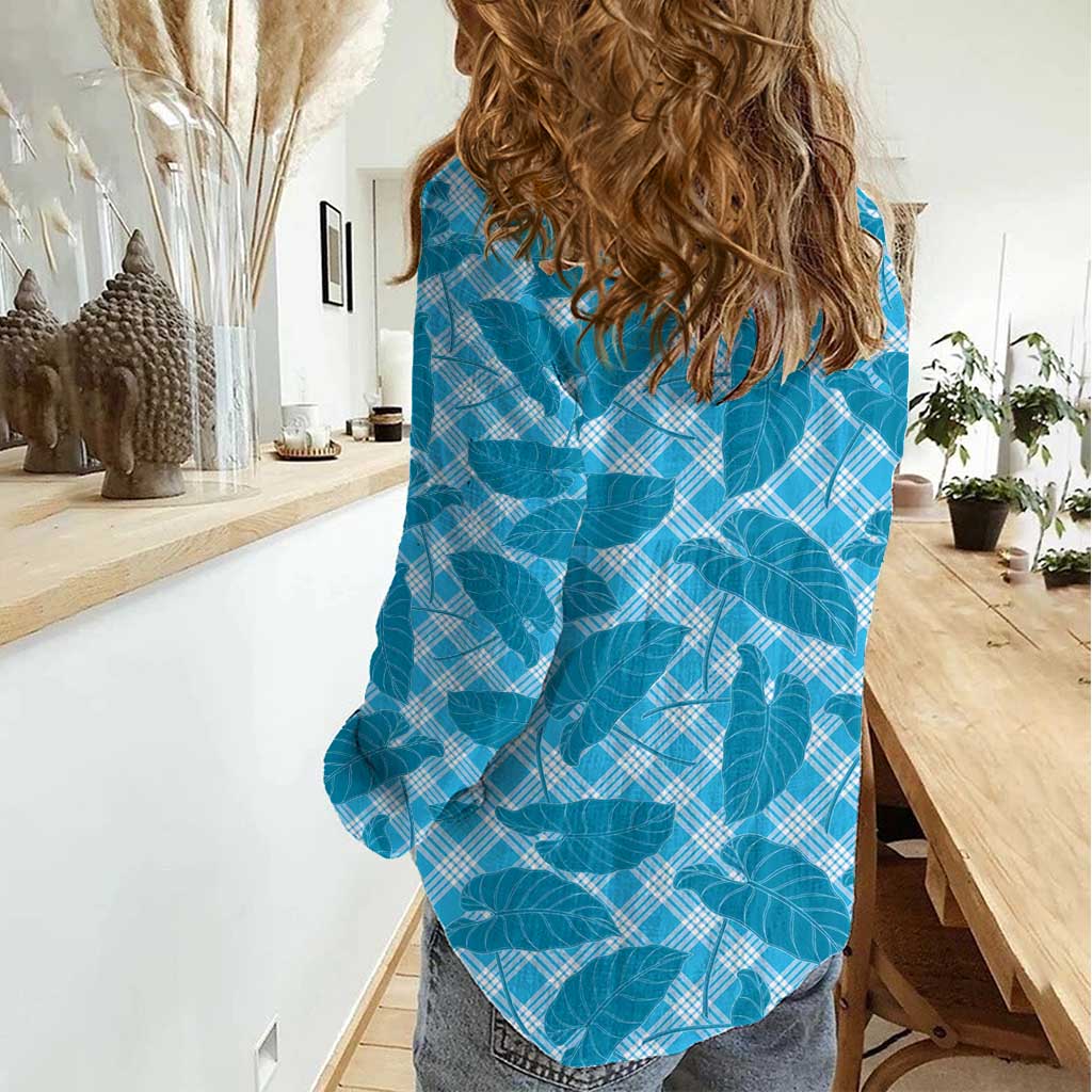 Blue Hawaii Kalo Palaka Motifs Women Casual Shirt Hawaiian Taro Leaves Elegant Vibes - Polynesian Pride