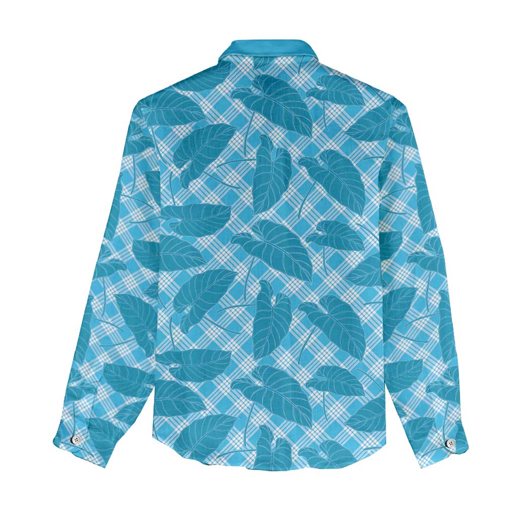 Blue Hawaii Kalo Palaka Motifs Women Casual Shirt Hawaiian Taro Leaves Elegant Vibes - Polynesian Pride