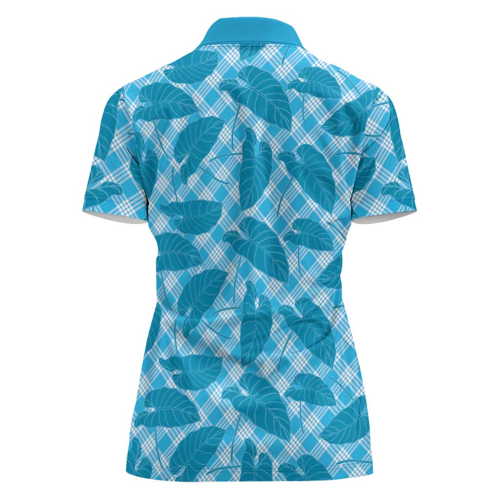 Blue Hawaii Kalo Palaka Motifs Women Polo Shirt Hawaiian Taro Leaves Elegant Vibes - Polynesian Pride