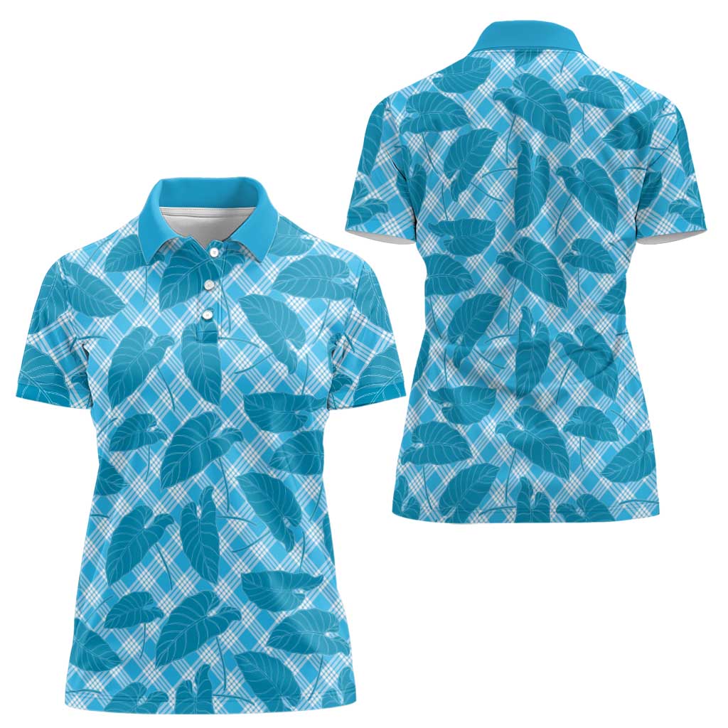 Blue Hawaii Kalo Palaka Motifs Women Polo Shirt Hawaiian Taro Leaves Elegant Vibes - Polynesian Pride