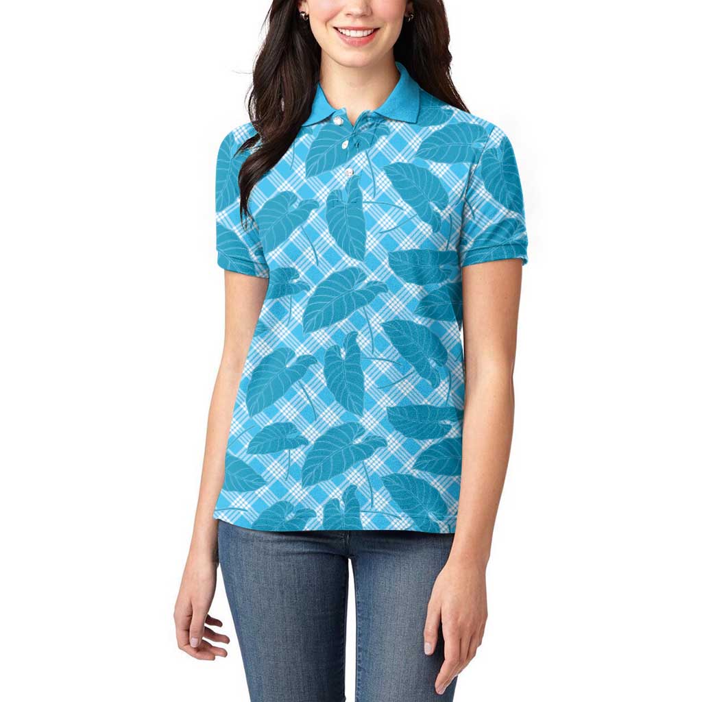Blue Hawaii Kalo Palaka Motifs Women Polo Shirt Hawaiian Taro Leaves Elegant Vibes - Polynesian Pride