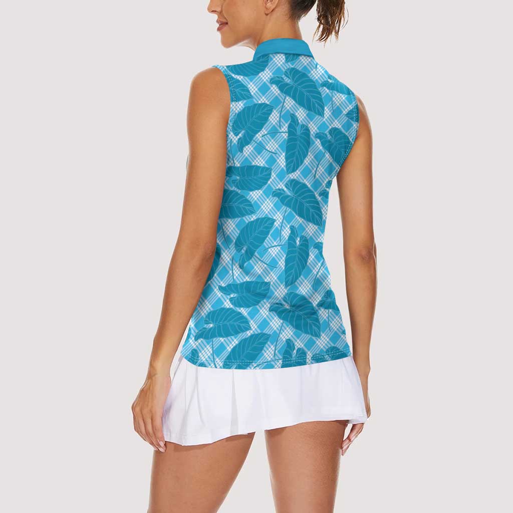 Blue Hawaii Kalo Palaka Motifs Women Sleeveless Polo Shirt Hawaiian Taro Leaves Elegant Vibes - Polynesian Pride