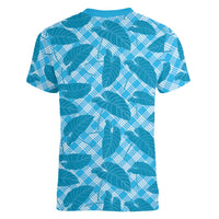 Blue Hawaii Kalo Palaka Motifs Women V-Neck T-Shirt Hawaiian Taro Leaves Elegant Vibes - Polynesian Pride