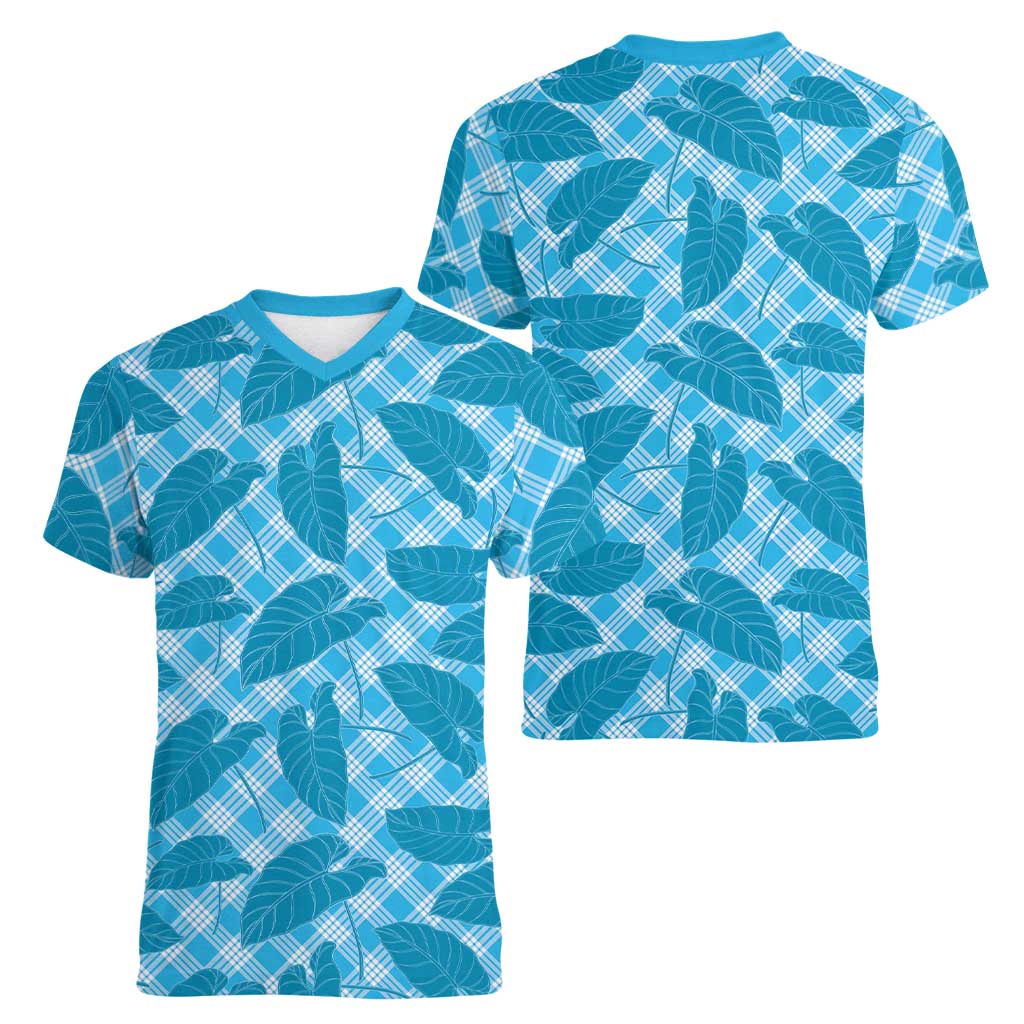 Blue Hawaii Kalo Palaka Motifs Women V-Neck T-Shirt Hawaiian Taro Leaves Elegant Vibes - Polynesian Pride