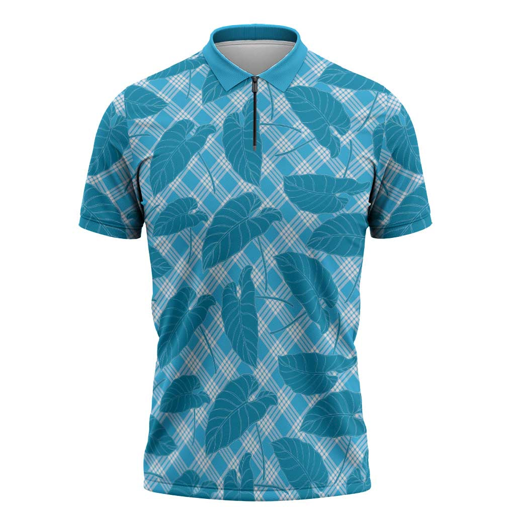 Blue Hawaii Kalo Palaka Motifs Zipper Polo Shirt Hawaiian Taro Leaves Elegant Vibes - Polynesian Pride