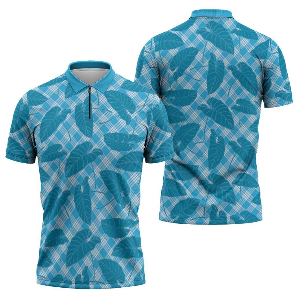 Blue Hawaii Kalo Palaka Motifs Zipper Polo Shirt Hawaiian Taro Leaves Elegant Vibes - Polynesian Pride