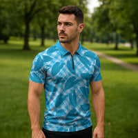 Blue Hawaii Kalo Palaka Motifs Zipper Polo Shirt Hawaiian Taro Leaves Elegant Vibes - Polynesian Pride