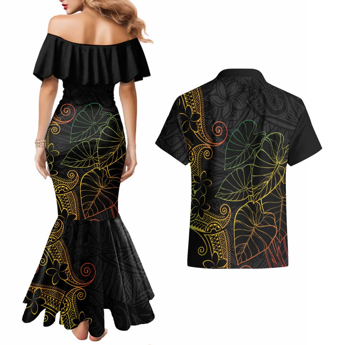 Aloha Hawaii Kalo Couples Matching Mermaid Dress and Hawaiian Shirt Reggae Taro Polynesian Pattern - Polynesian Pride