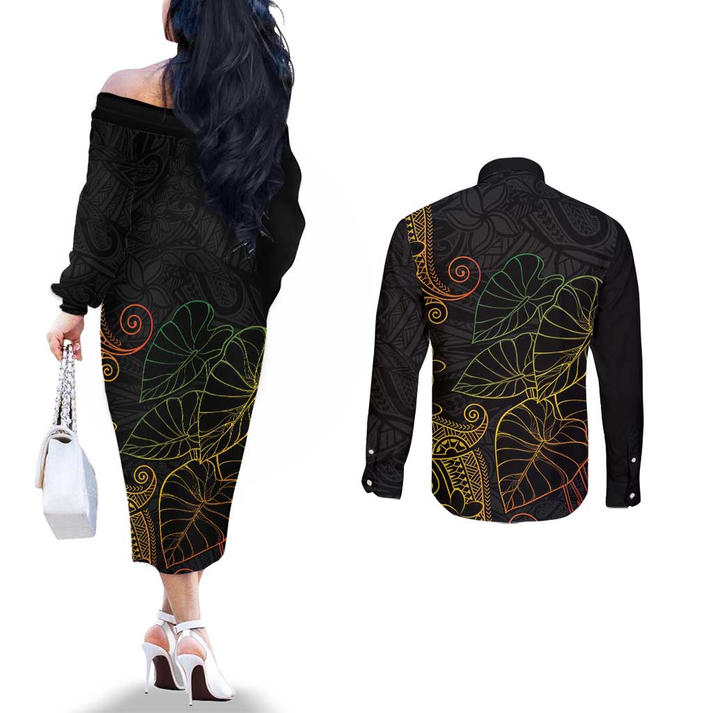 Aloha Hawaii Kalo Couples Matching Off The Shoulder Long Sleeve Dress and Long Sleeve Button Shirt Reggae Taro Polynesian Pattern - Polynesian Pride