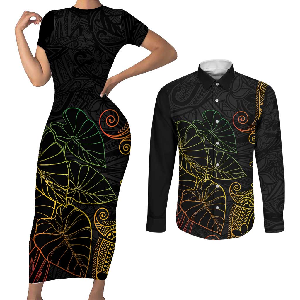 Aloha Hawaii Kalo Couples Matching Short Sleeve Bodycon Dress and Long Sleeve Button Shirt Reggae Taro Polynesian Pattern - Polynesian Pride