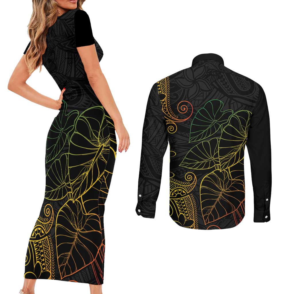 Aloha Hawaii Kalo Couples Matching Short Sleeve Bodycon Dress and Long Sleeve Button Shirt Reggae Taro Polynesian Pattern - Polynesian Pride