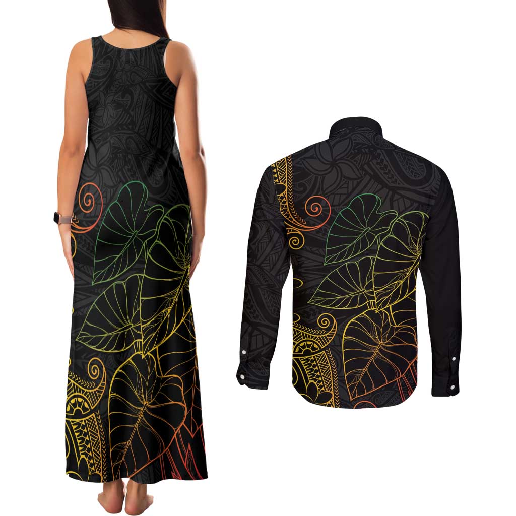 Aloha Hawaii Kalo Couples Matching Tank Maxi Dress and Long Sleeve Button Shirt Reggae Taro Polynesian Pattern - Polynesian Pride