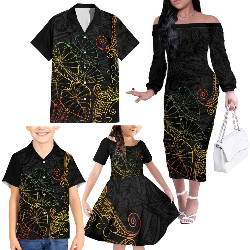 Aloha Hawaii Kalo Family Matching Off The Shoulder Long Sleeve Dress and Hawaiian Shirt Reggae Taro Polynesian Pattern - Polynesian Pride