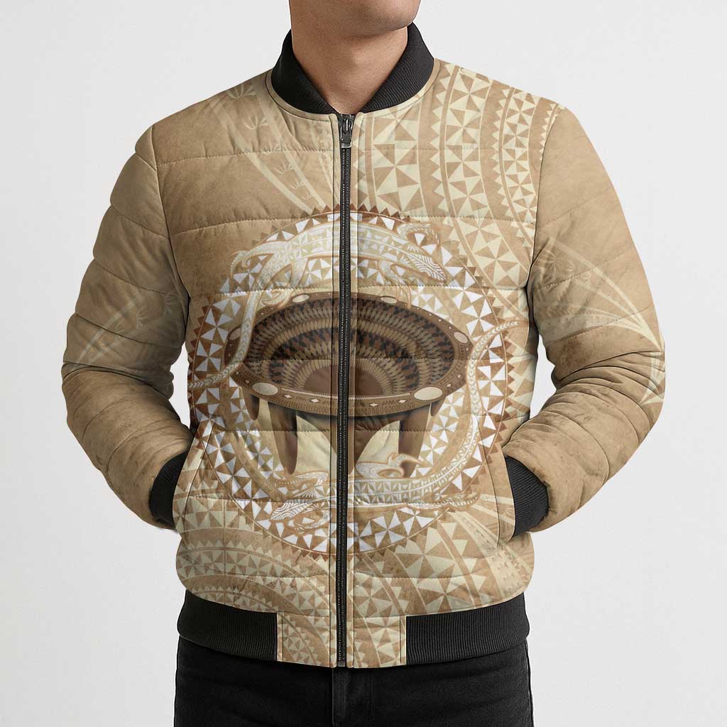 Tonga Skink Kava Bowl Bomber Puffer Jacket Vintage Tongan Ngatu Pattern