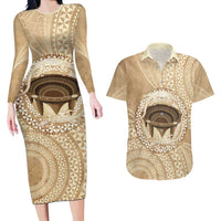 Tonga Skink Kava Bowl Couples Matching Long Sleeve Bodycon Dress and Hawaiian Shirt Vintage Tongan Ngatu Pattern