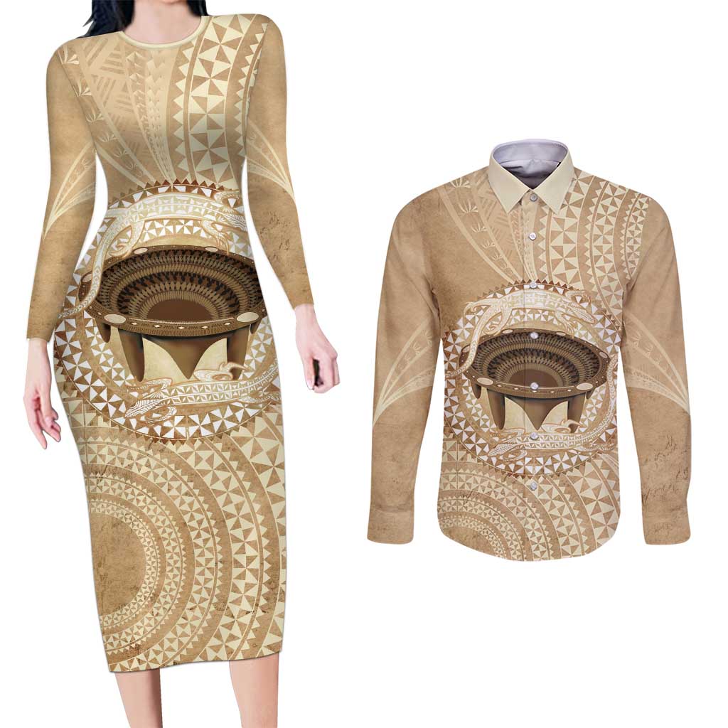 Tonga Skink Kava Bowl Couples Matching Long Sleeve Bodycon Dress and Long Sleeve Button Shirt Vintage Tongan Ngatu Pattern