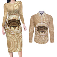 Tonga Skink Kava Bowl Couples Matching Long Sleeve Bodycon Dress and Long Sleeve Button Shirt Vintage Tongan Ngatu Pattern