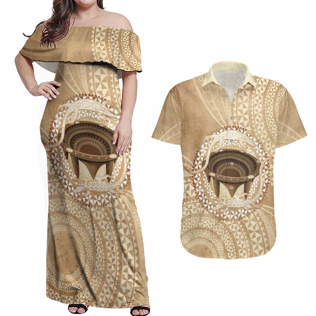 Tonga Skink Kava Bowl Couples Matching Off Shoulder Maxi Dress and Hawaiian Shirt Vintage Tongan Ngatu Pattern