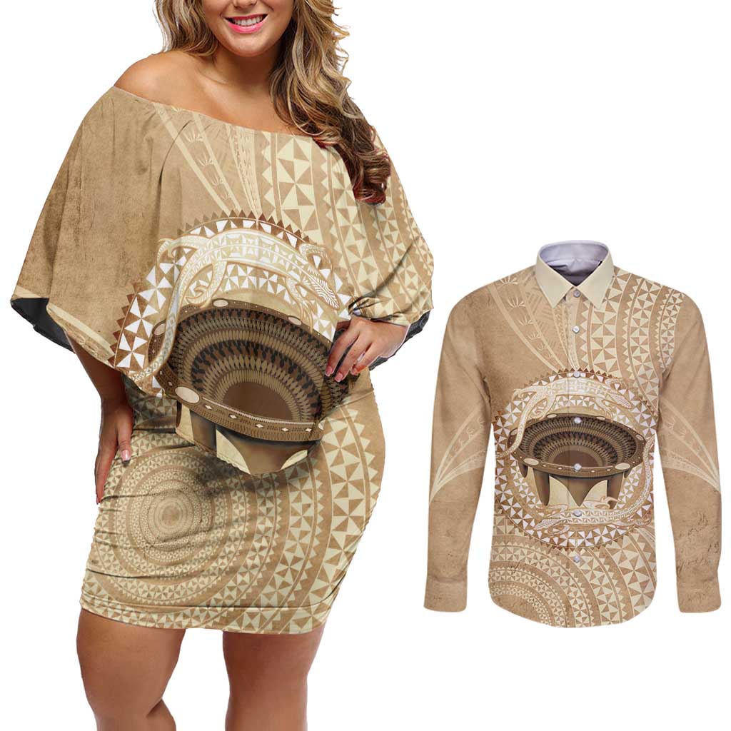 Tonga Skink Kava Bowl Couples Matching Off Shoulder Short Dress and Long Sleeve Button Shirt Vintage Tongan Ngatu Pattern LT14 Brown - Polynesian Pride