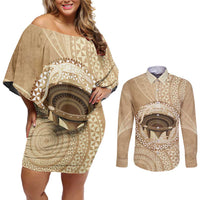 Tonga Skink Kava Bowl Couples Matching Off Shoulder Short Dress and Long Sleeve Button Shirt Vintage Tongan Ngatu Pattern LT14 Brown - Polynesian Pride