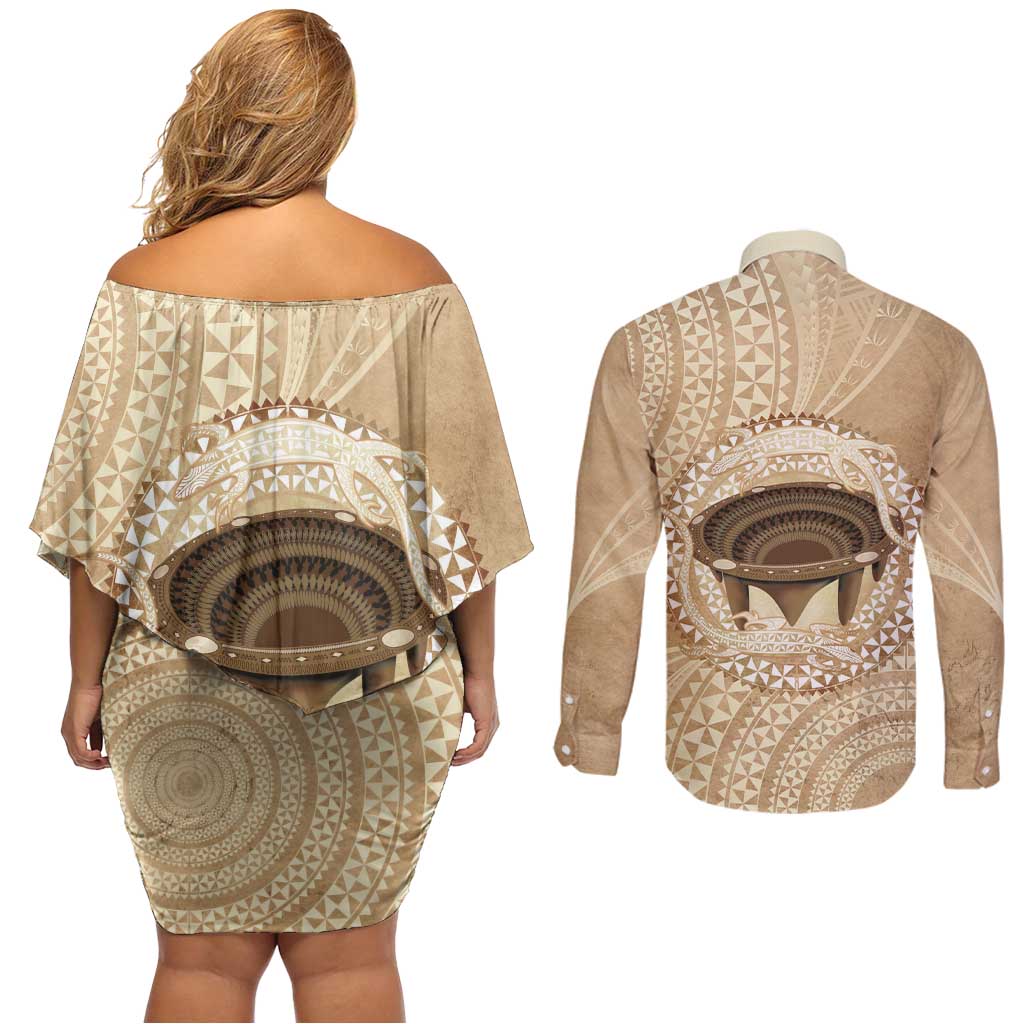 Tonga Skink Kava Bowl Couples Matching Off Shoulder Short Dress and Long Sleeve Button Shirt Vintage Tongan Ngatu Pattern LT14 - Polynesian Pride