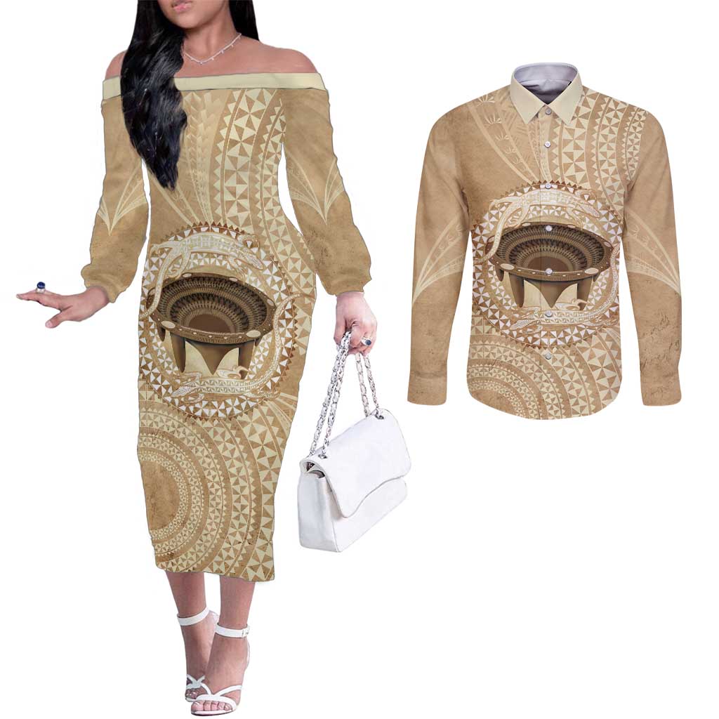 Tonga Skink Kava Bowl Couples Matching Off The Shoulder Long Sleeve Dress and Long Sleeve Button Shirt Vintage Tongan Ngatu Pattern