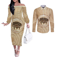 Tonga Skink Kava Bowl Couples Matching Off The Shoulder Long Sleeve Dress and Long Sleeve Button Shirt Vintage Tongan Ngatu Pattern