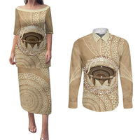 Tonga Skink Kava Bowl Couples Matching Puletasi and Long Sleeve Button Shirt Vintage Tongan Ngatu Pattern