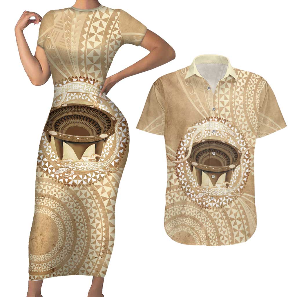 Tonga Skink Kava Bowl Couples Matching Short Sleeve Bodycon Dress and Hawaiian Shirt Vintage Tongan Ngatu Pattern