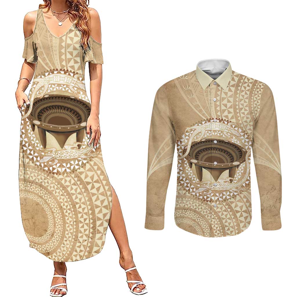Tonga Skink Kava Bowl Couples Matching Summer Maxi Dress and Long Sleeve Button Shirt Vintage Tongan Ngatu Pattern