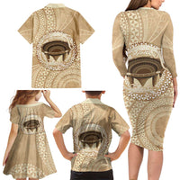Tonga Skink Kava Bowl Family Matching Long Sleeve Bodycon Dress and Hawaiian Shirt Vintage Tongan Ngatu Pattern