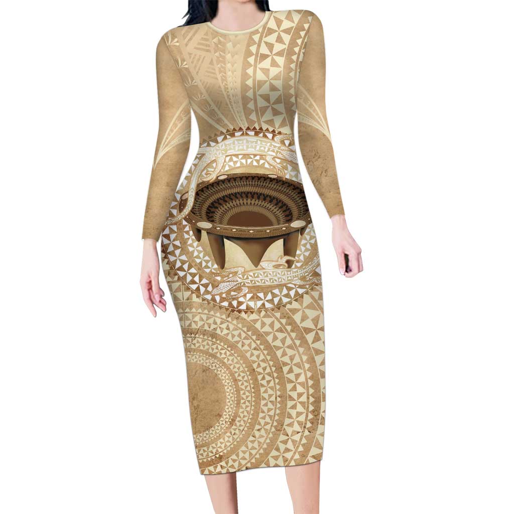Tonga Skink Kava Bowl Family Matching Long Sleeve Bodycon Dress and Hawaiian Shirt Vintage Tongan Ngatu Pattern