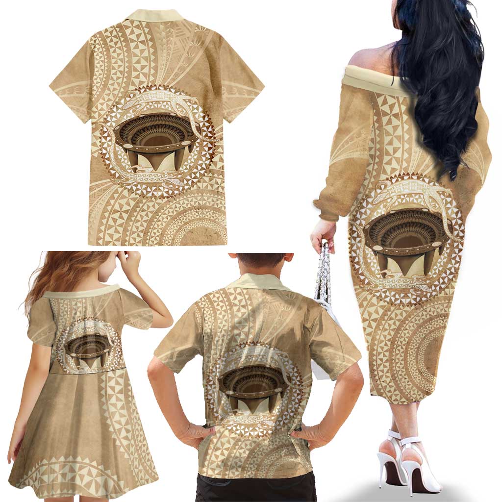 Tonga Skink Kava Bowl Family Matching Off The Shoulder Long Sleeve Dress and Hawaiian Shirt Vintage Tongan Ngatu Pattern
