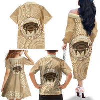 Tonga Skink Kava Bowl Family Matching Off The Shoulder Long Sleeve Dress and Hawaiian Shirt Vintage Tongan Ngatu Pattern