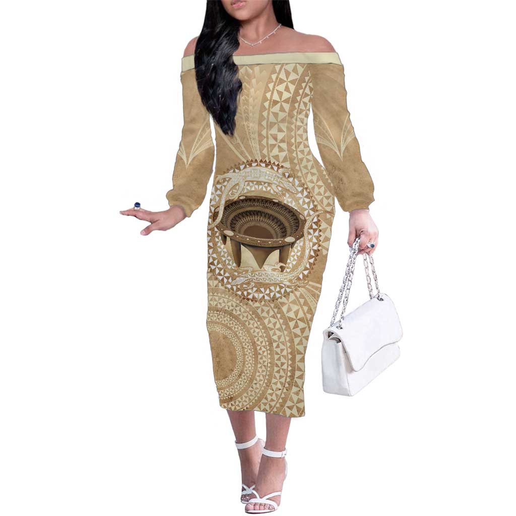 Tonga Skink Kava Bowl Family Matching Off The Shoulder Long Sleeve Dress and Hawaiian Shirt Vintage Tongan Ngatu Pattern