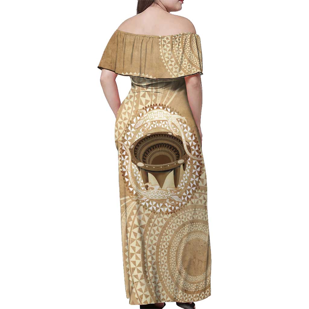 Tonga Skink Kava Bowl Family Matching Off Shoulder Maxi Dress and Hawaiian Shirt Vintage Tongan Ngatu Pattern