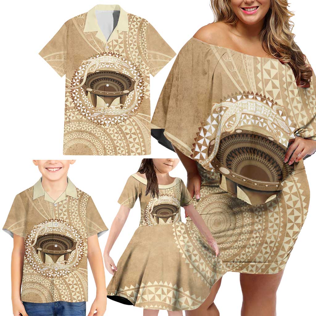 Tonga Skink Kava Bowl Family Matching Off Shoulder Short Dress and Hawaiian Shirt Vintage Tongan Ngatu Pattern